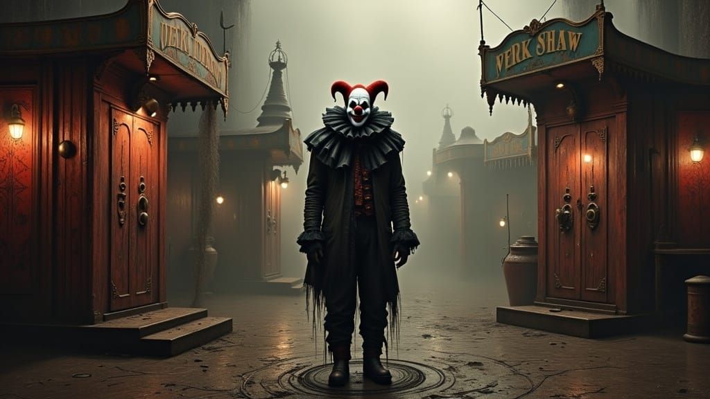 Eerie Clown Amidst Haunting Circus Backdrop in Cyberpunk Sty...