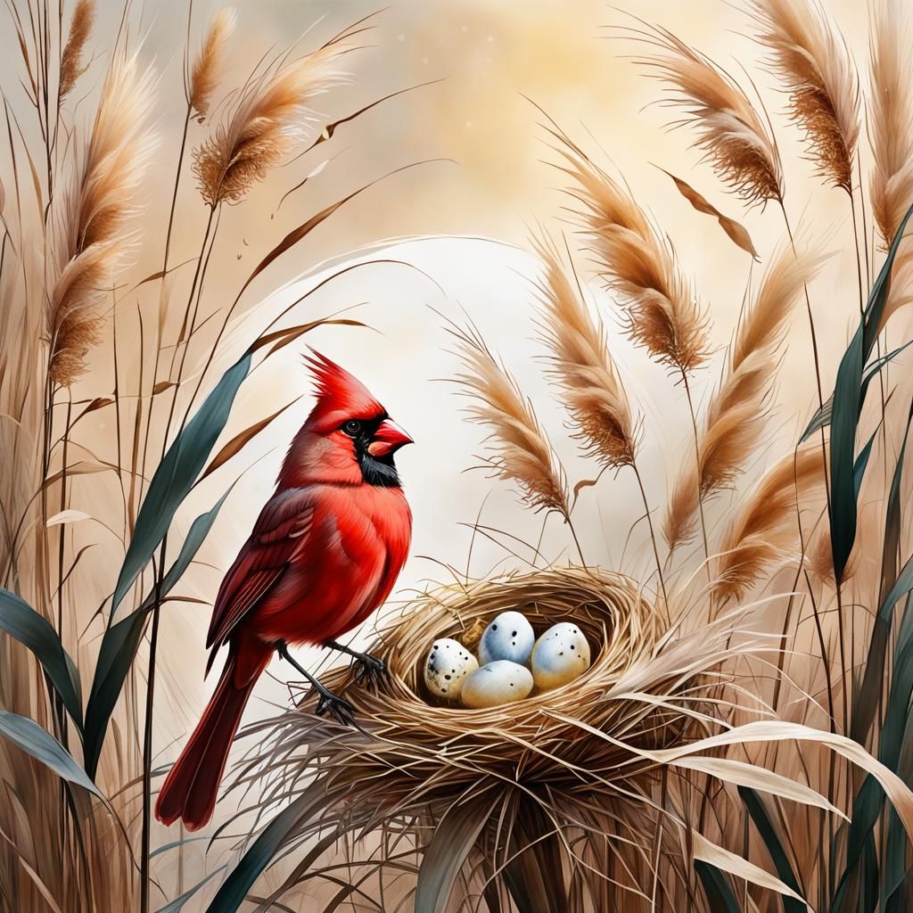 Cardinal bird and its nest