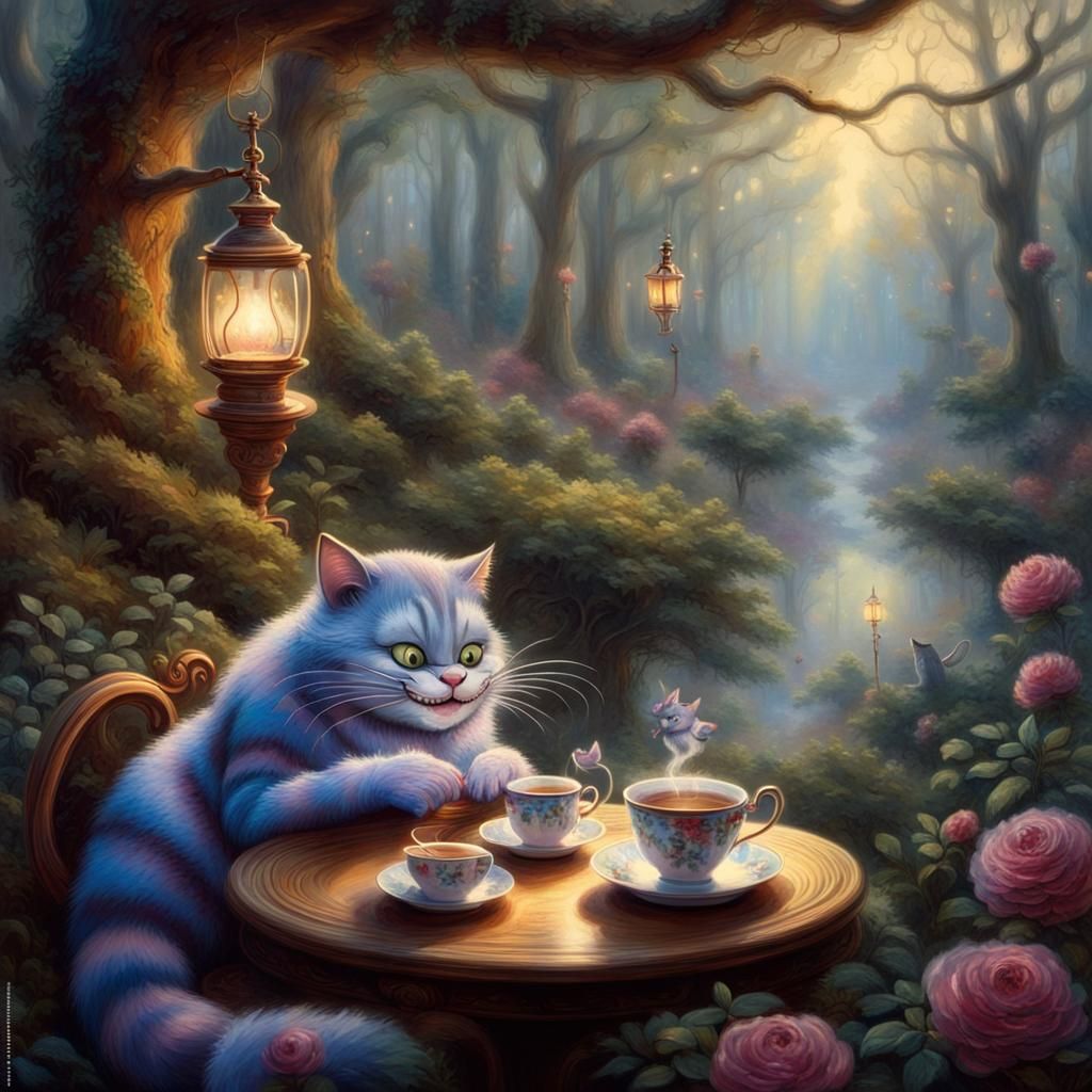 Cheshire Cat drinking tea in the woods