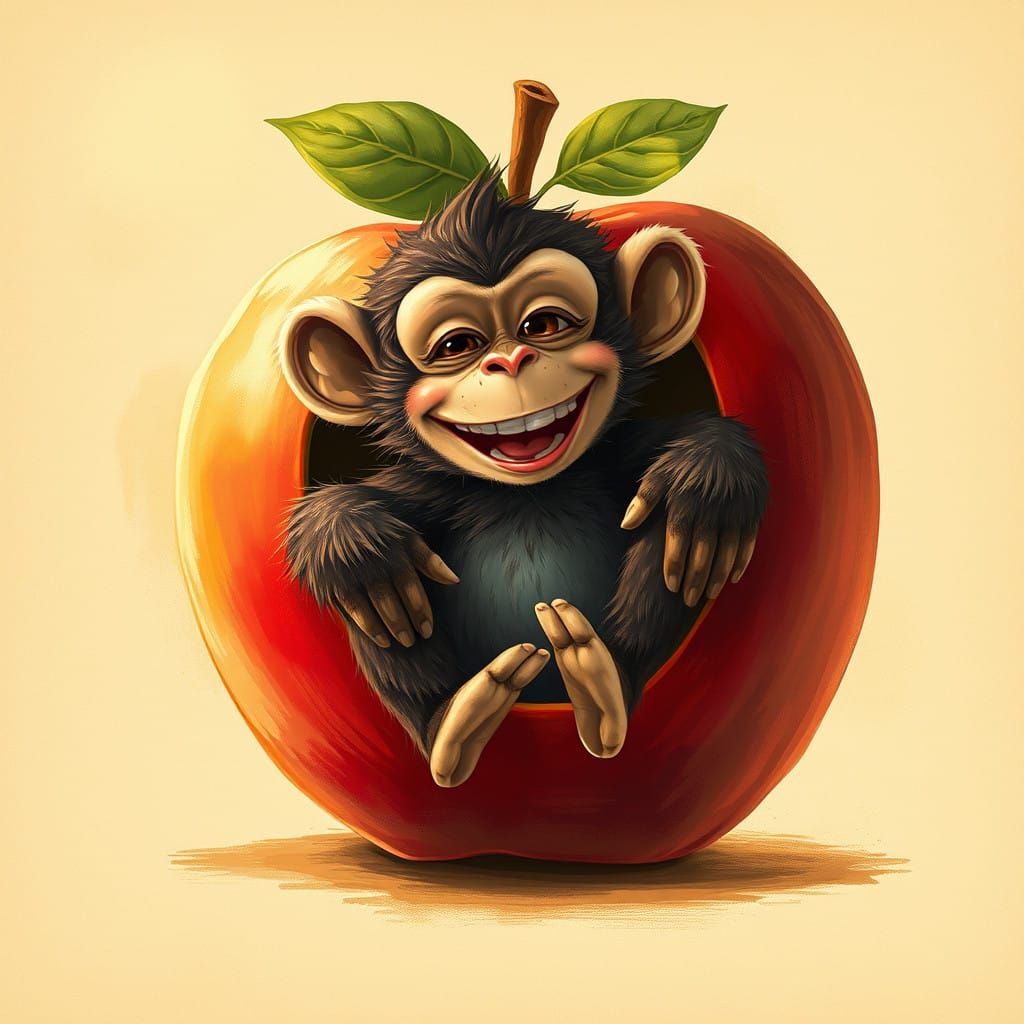 Whimsical Monkey in Vintage Apple Scene