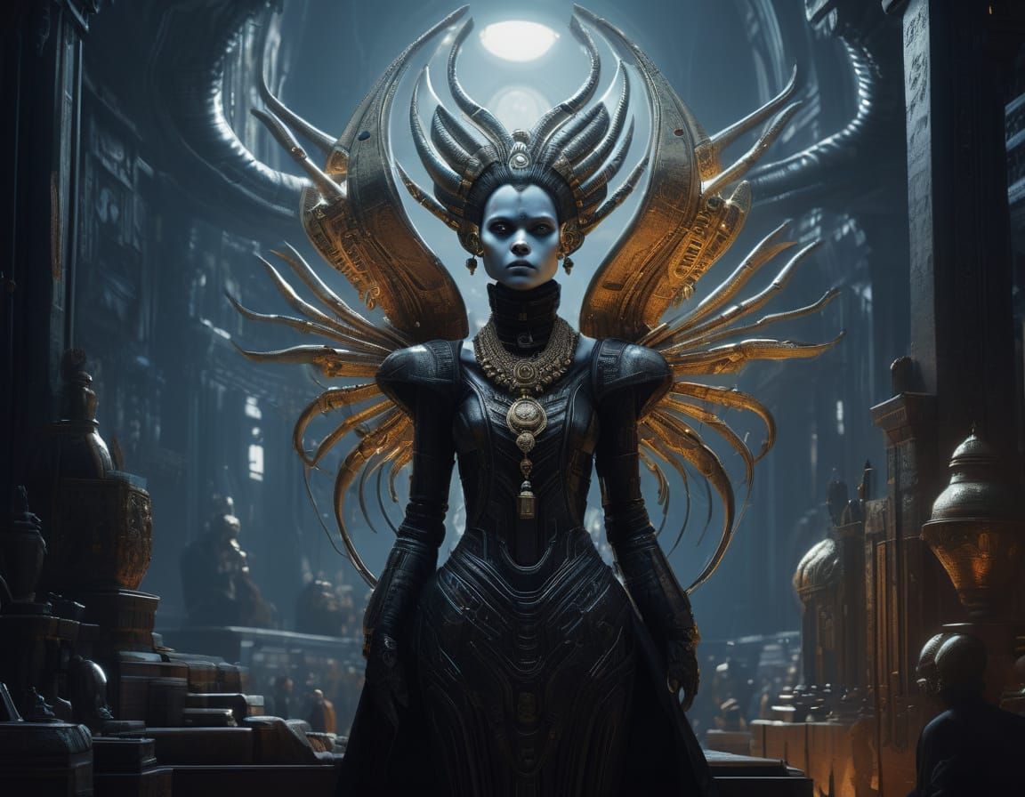 Alien Merchant Woman in Dimly Lit Marketplace