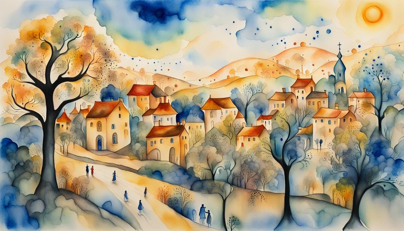 Ethereal Village Scene in Whimsical Surrealist Watercolor