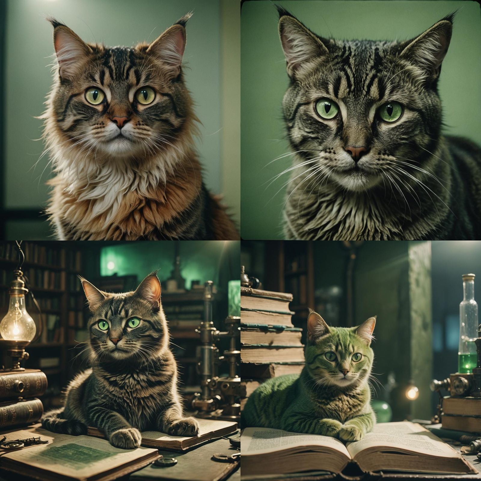 Vintage Bookshelf Cat in a Haunted Lab