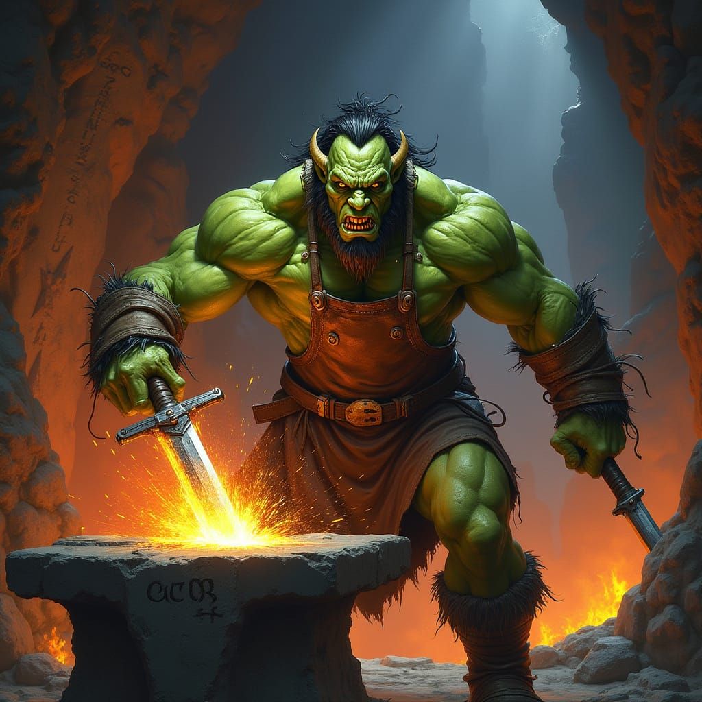Hyperrealistic Orc Blacksmith Forges Glowing Sword in Fiery ...