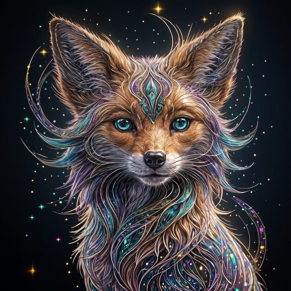 Mystical Fox Goddess in Shimmering Stained Glass