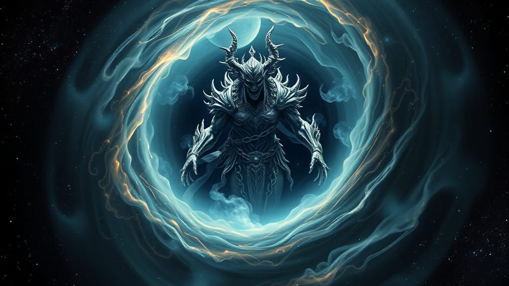 Ethereal Cosmic Horror: Chained Astral Deity in Deep Space