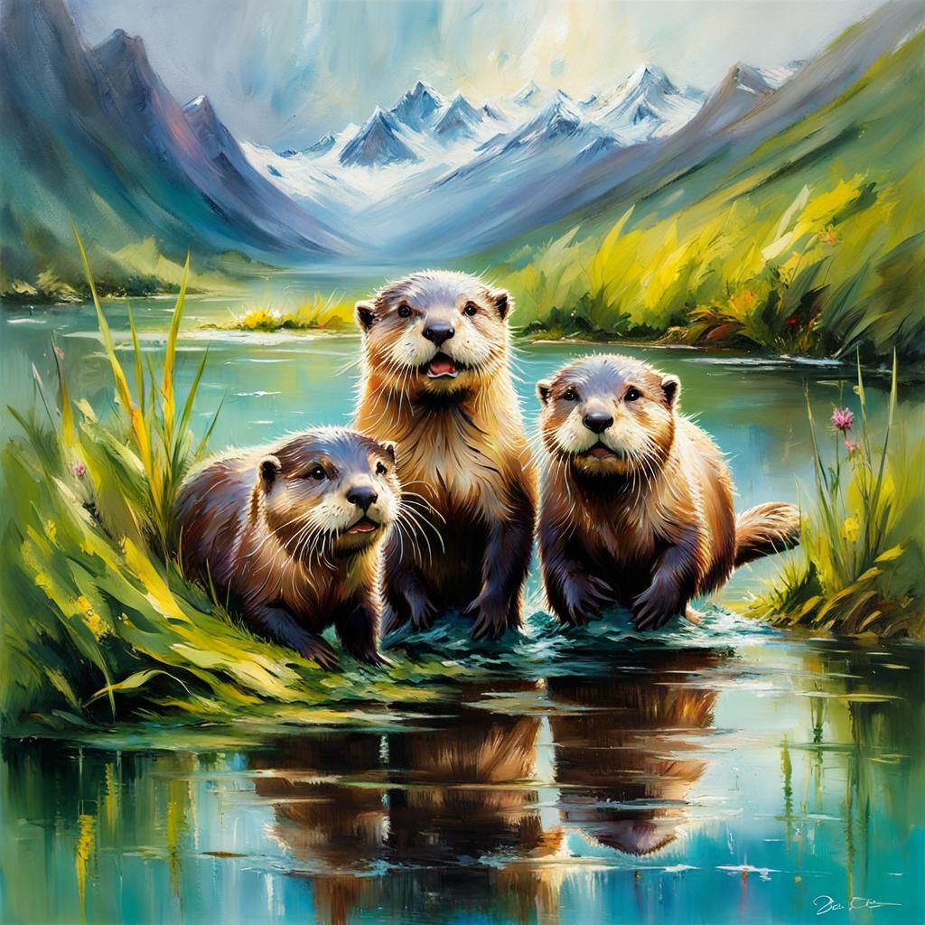 Joyful Otters Play in a Serene Lake Landscape