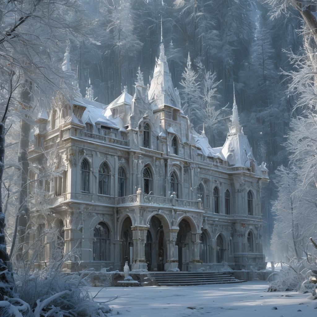 Enchanting Winter Palace in a Snowy Forest Landscape