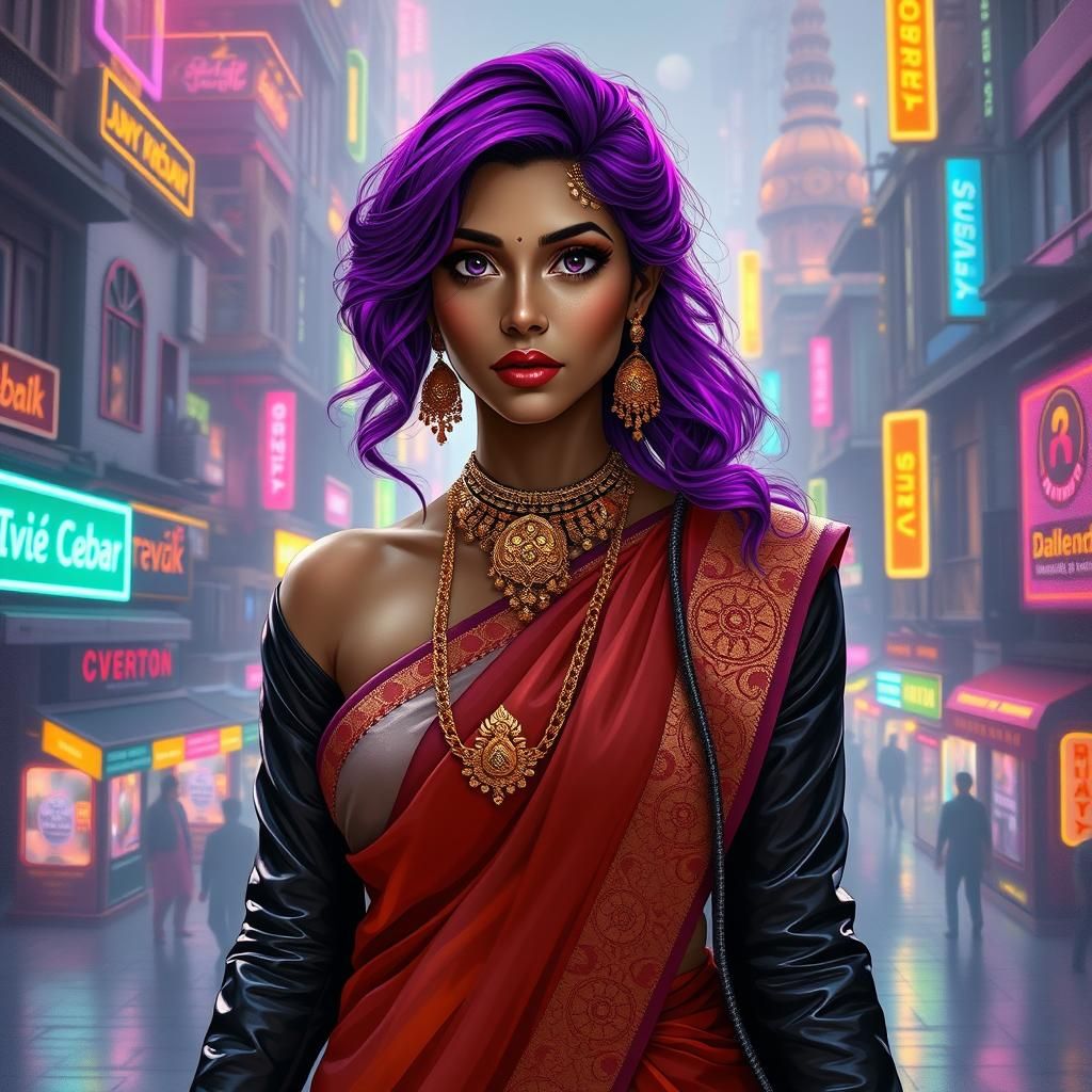 Saree-clad lady walking through a futuristic city