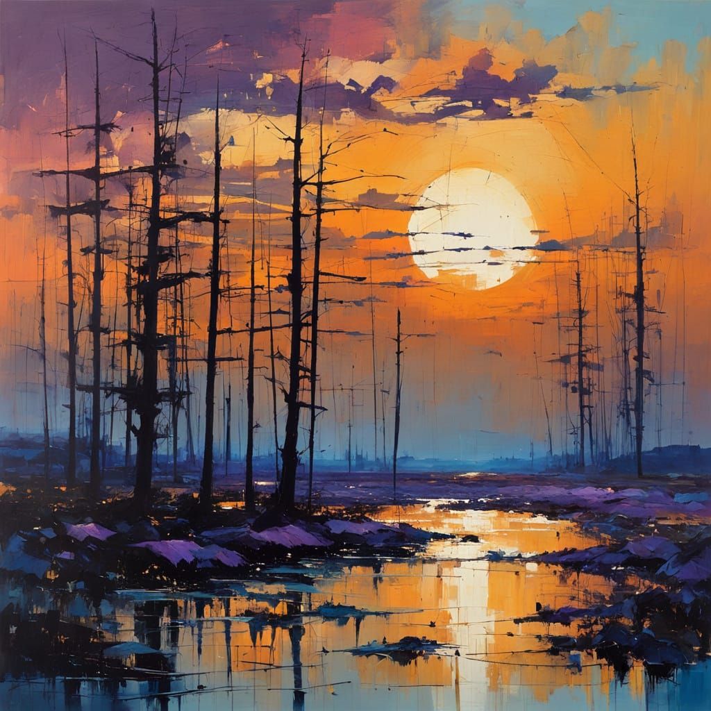 Night Blue Landscape in Abstract Expressionist Style