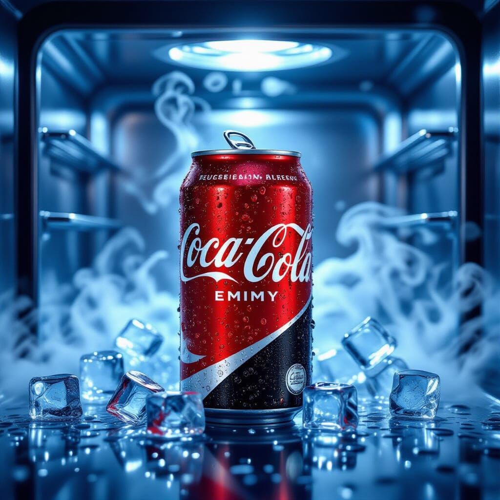 Chilled Coca-Cola Can Advertisement in Stainless Steel Refri...