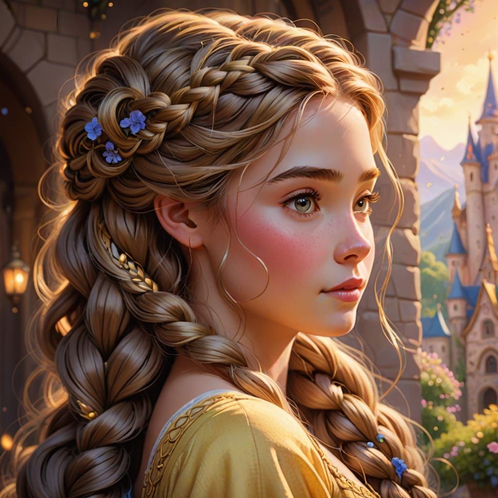 Belle Climbs Rapunzel's Hair in Fantasy Illustration