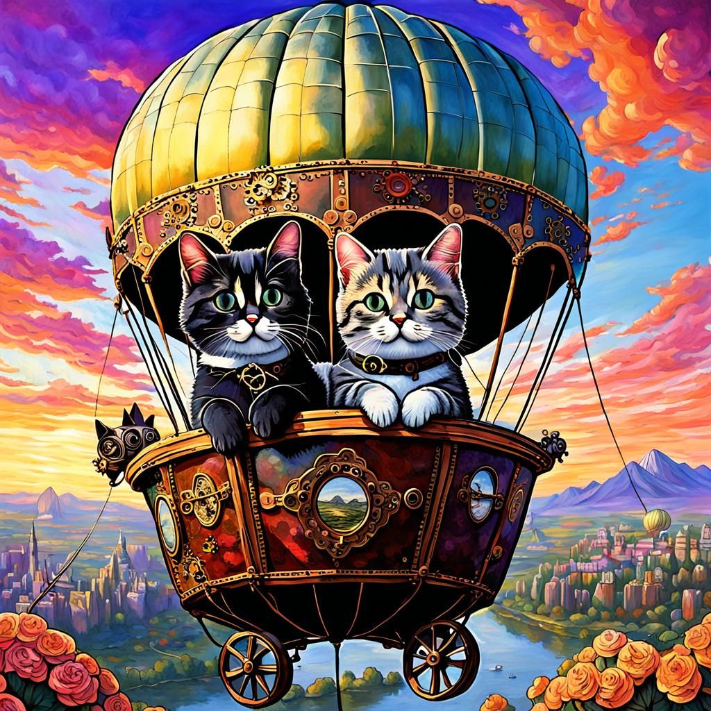 Gothic Steampunk Cats in Elegant Victorian Airship
