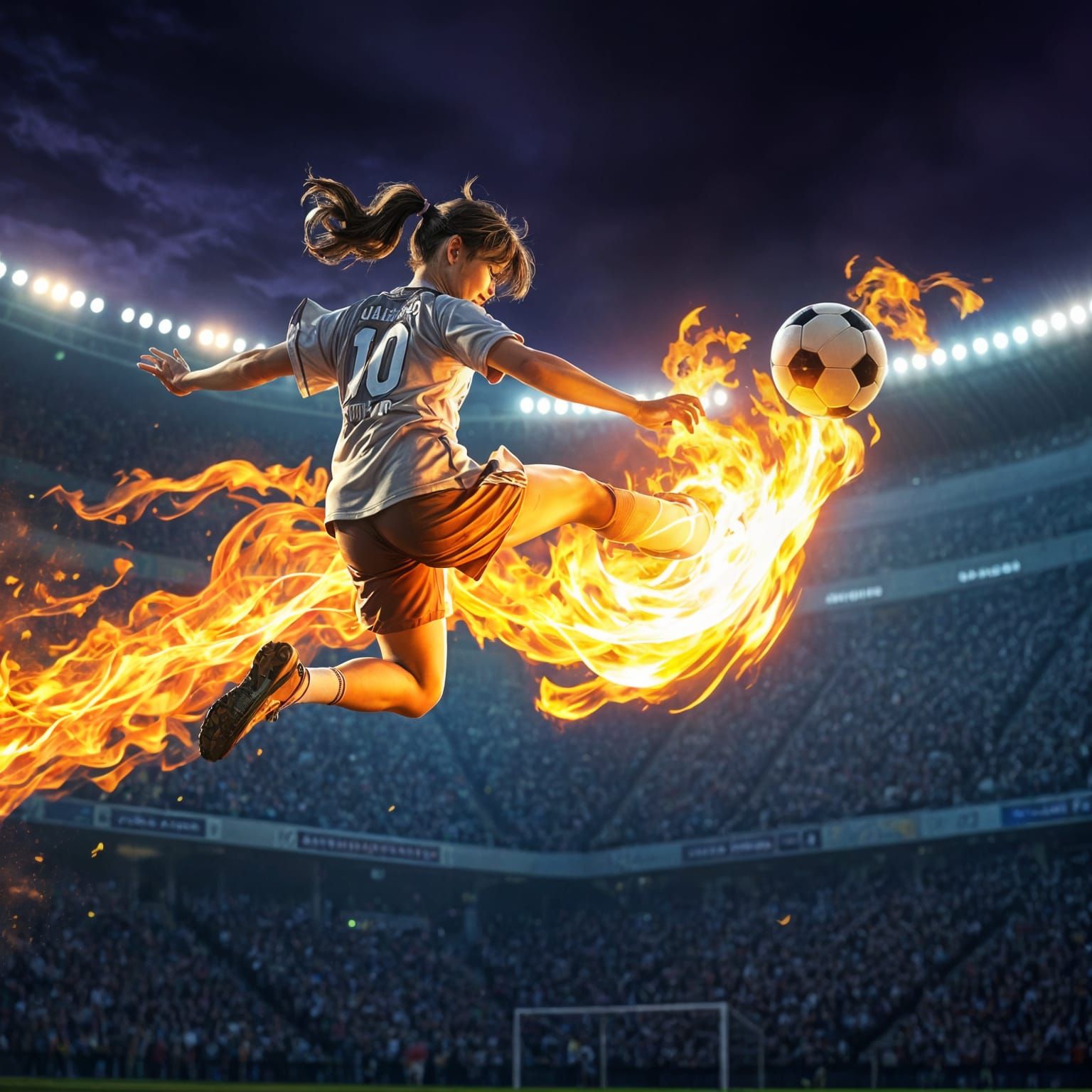 Soccer Star in Mid-Air Special Shot with Swirling Flames