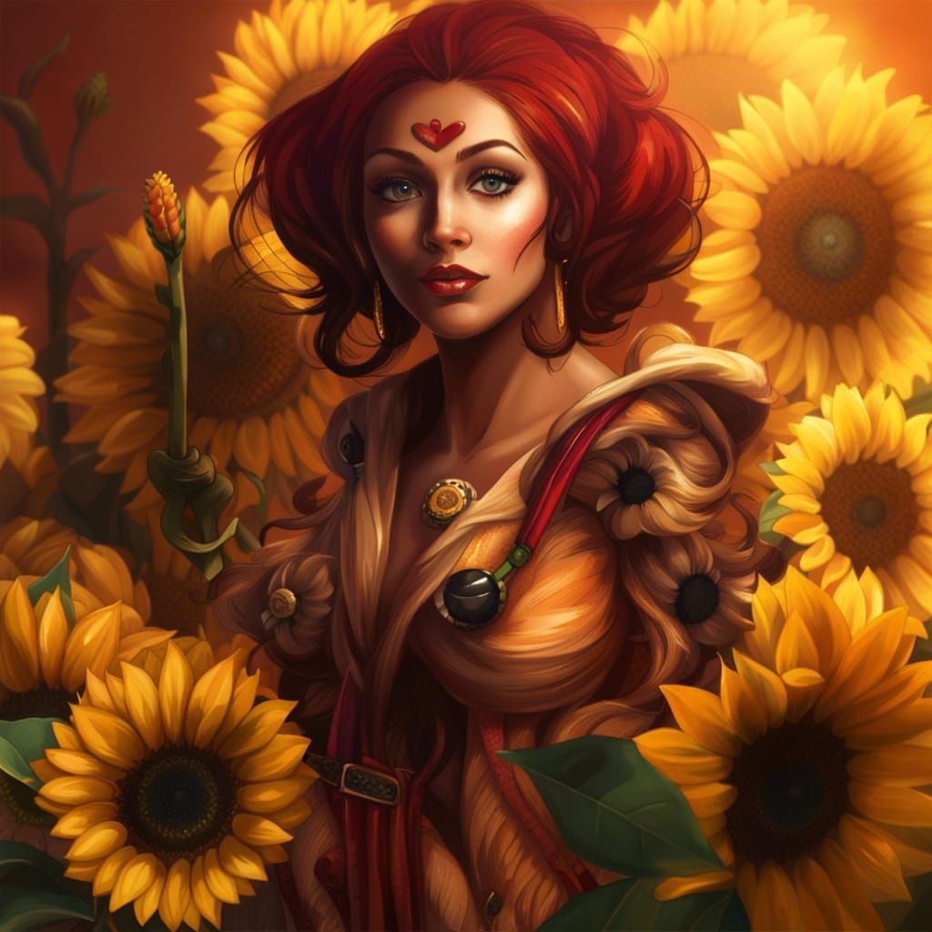 A Lady Surrounded by Sunflowers