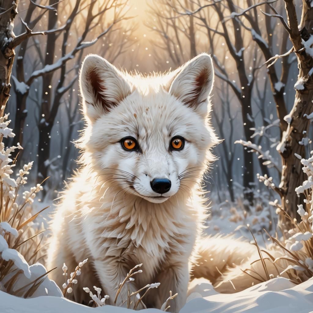 Whimsical Baby White Fox in Winter Wonderland
