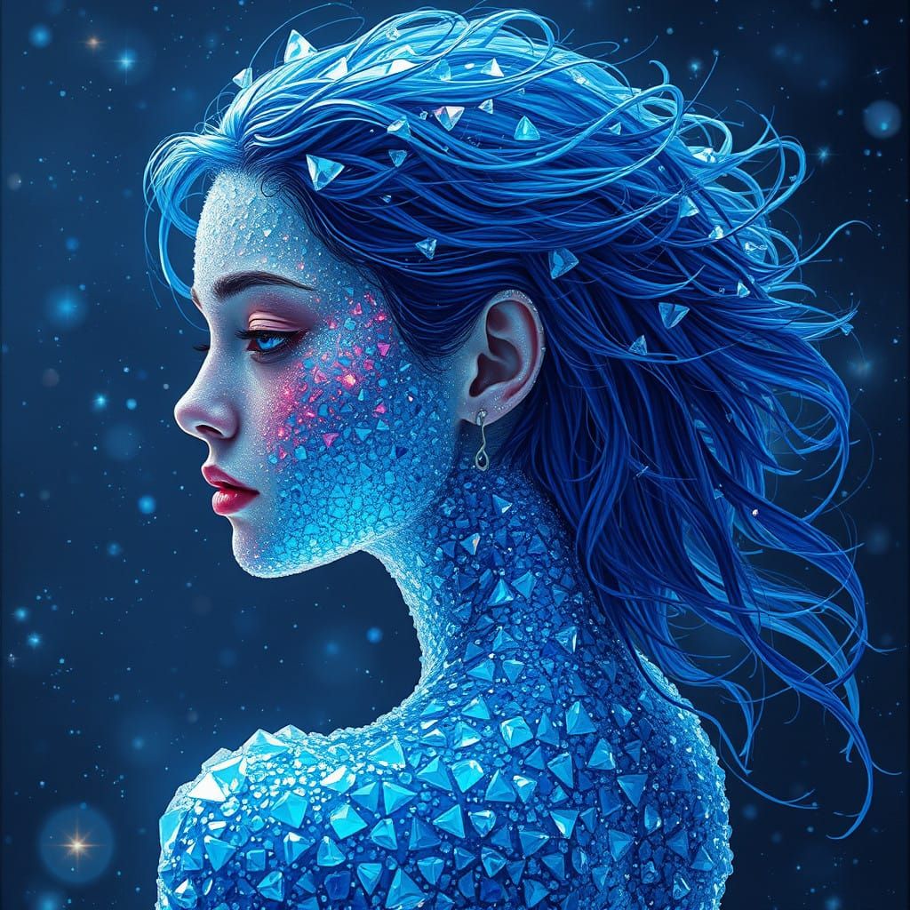 Glowing Gemstone Goddess in Vibrant Blue Hair