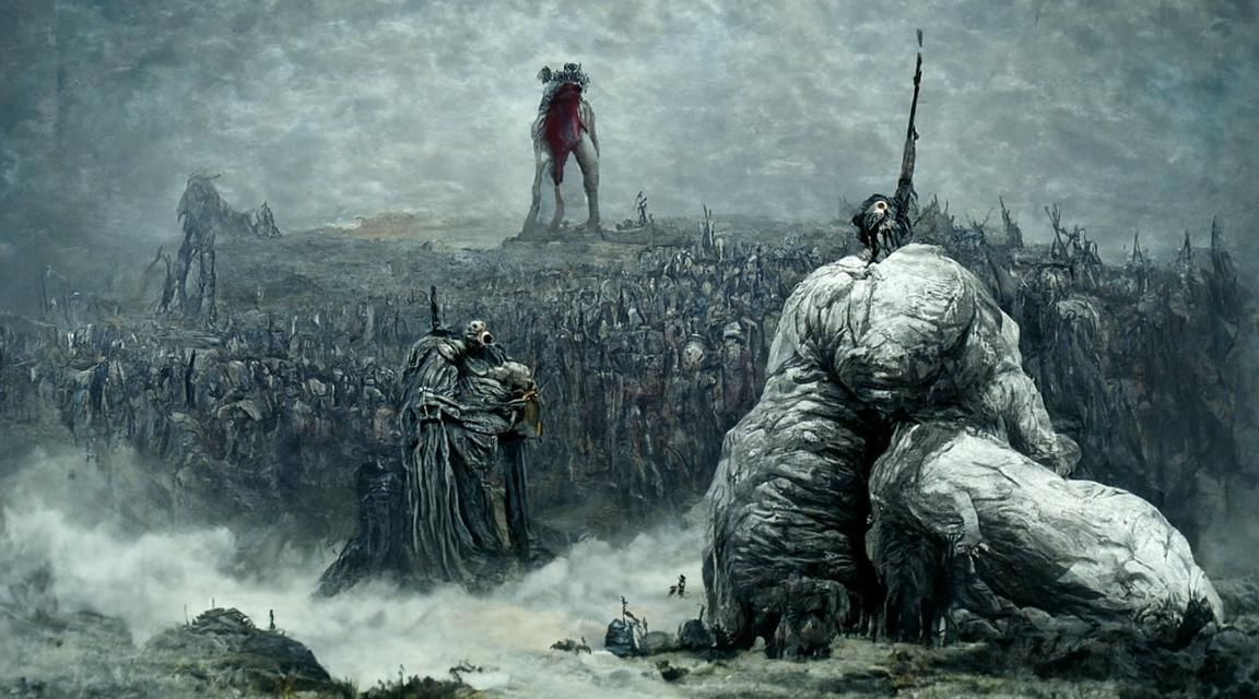 David Confronts a Grotesque Goliath in a Dark, Gothic Landsc...