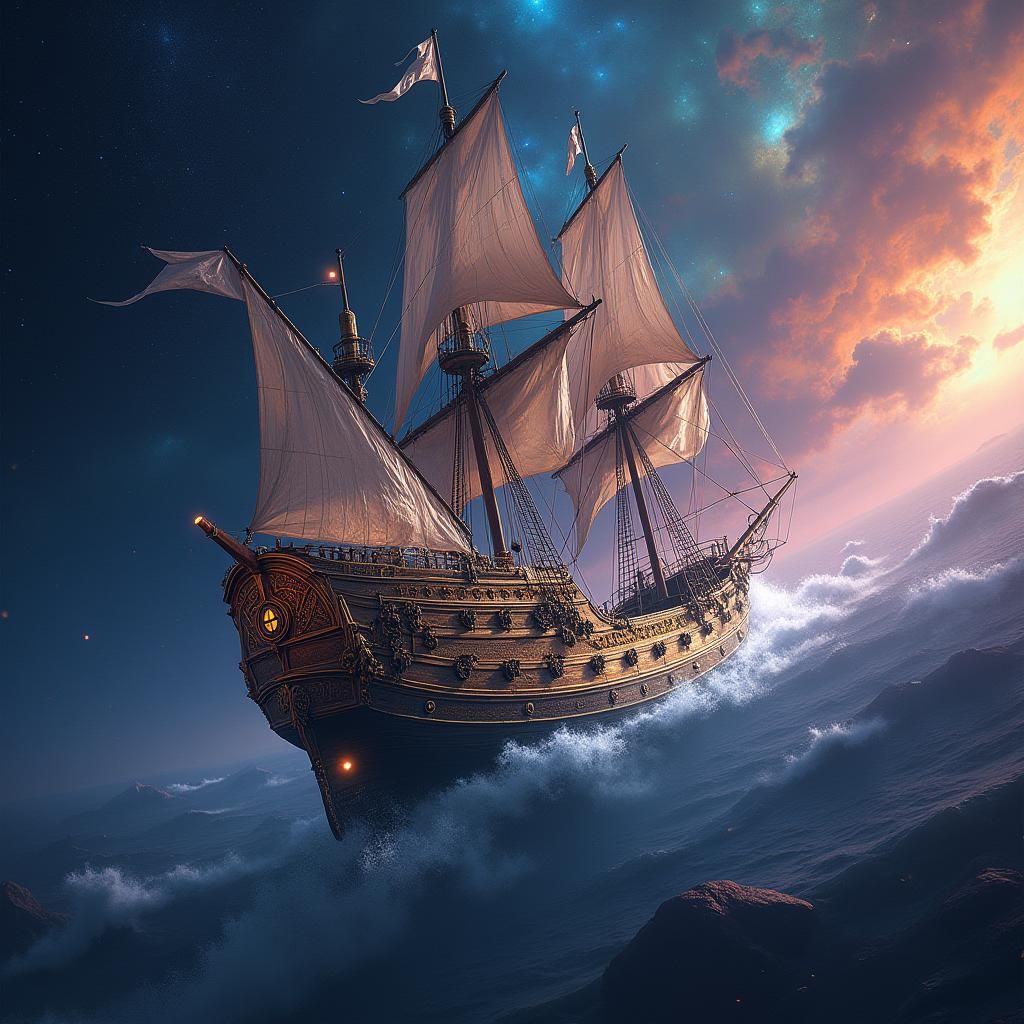 Schooner in Space: Majestic Fantastical Sailing Ship Amidst....