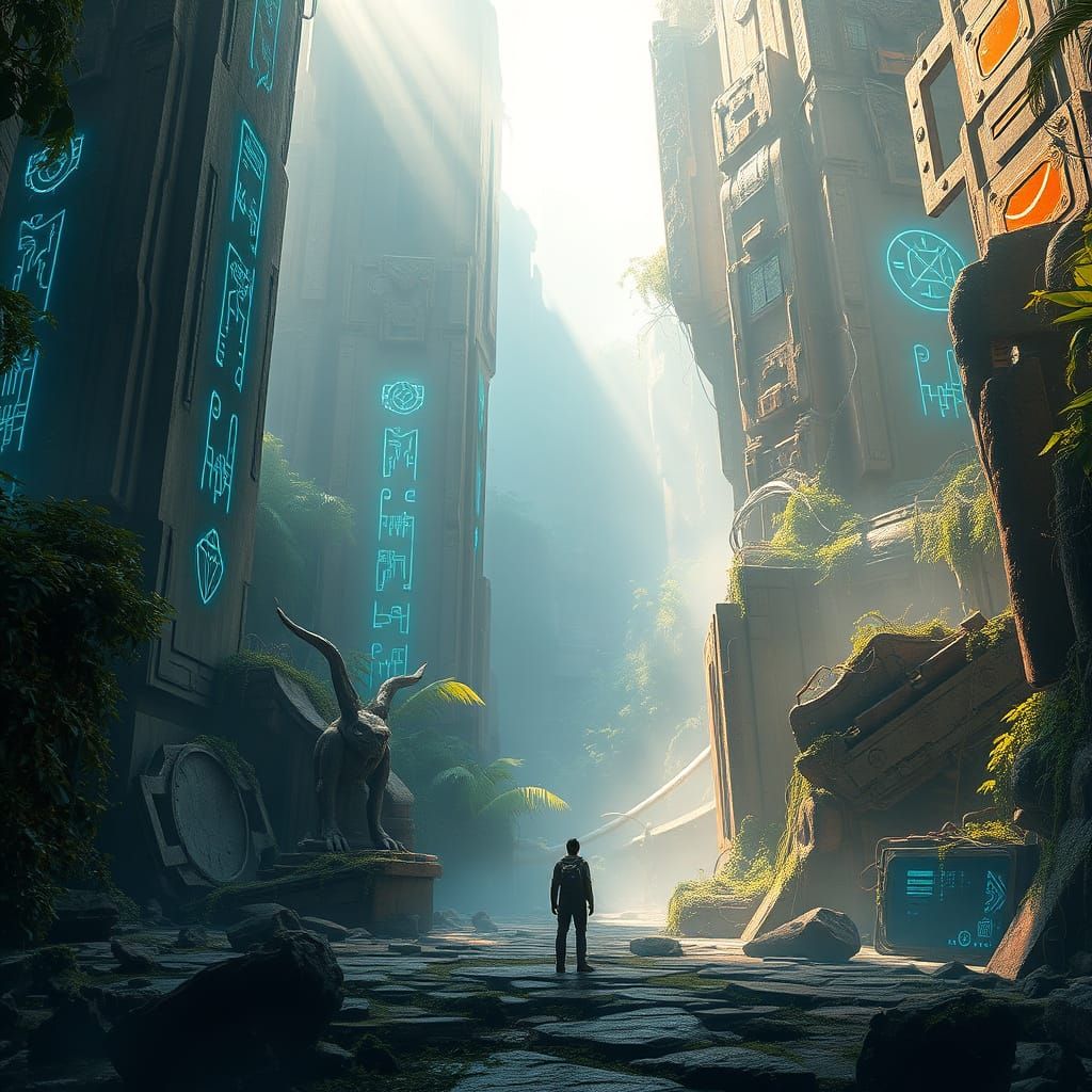 Lost Jungle Civilization with Glowing Circuitry