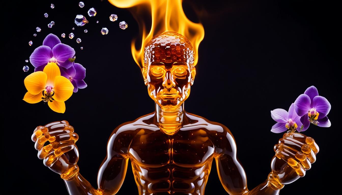 Glass Figure Adorned in Honey, Suspended Amidst Vibrant Flam...