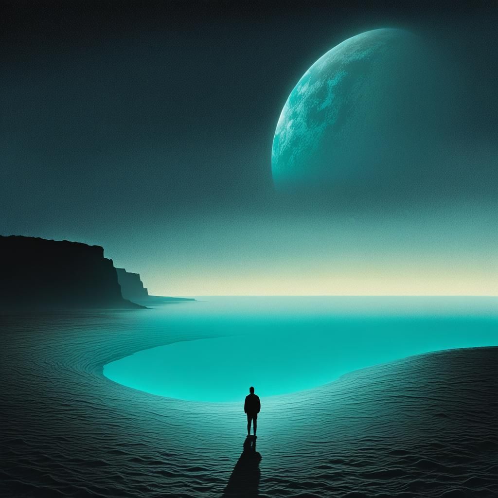 Figure Gazing into the Marianas Trench's Ethereal Glow