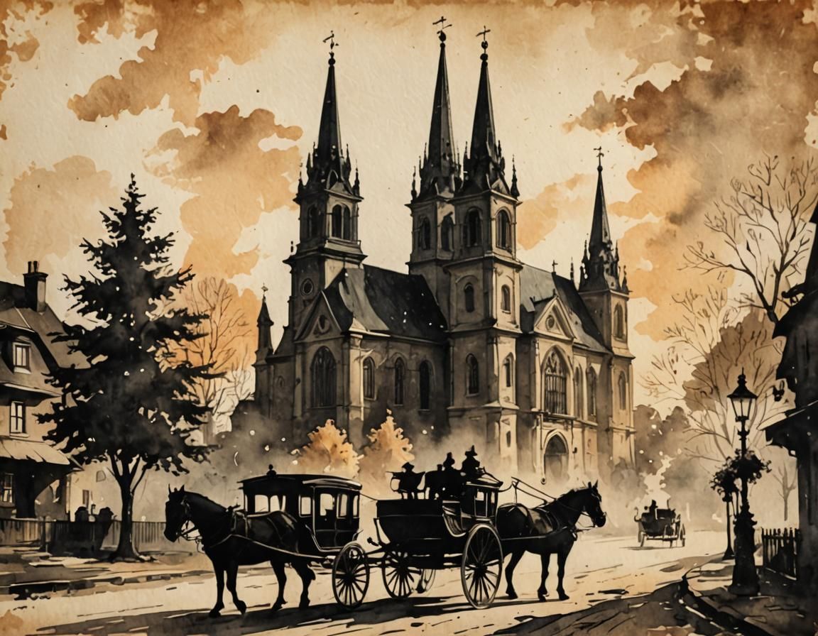 Elegant Victorian Carriage Scene in Vintage European Ink Pai...