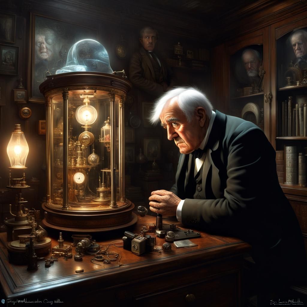 Thomas Edison Surrounded by Ethereal Spirits in a Haunting C...
