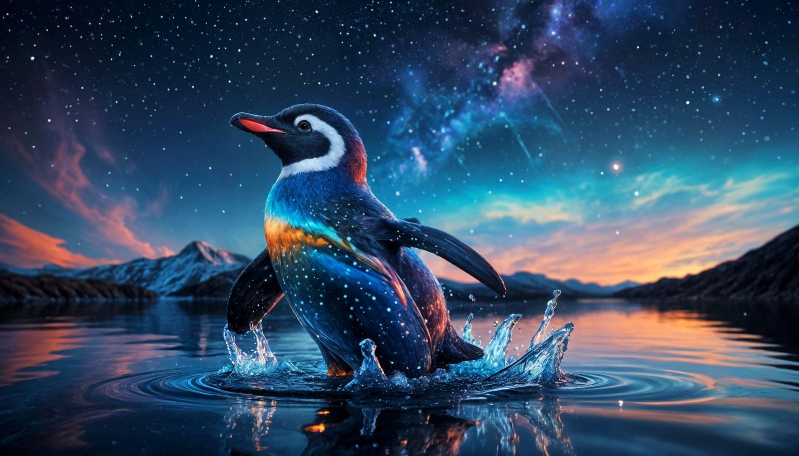 Water Penguin in Starlit Night Sky