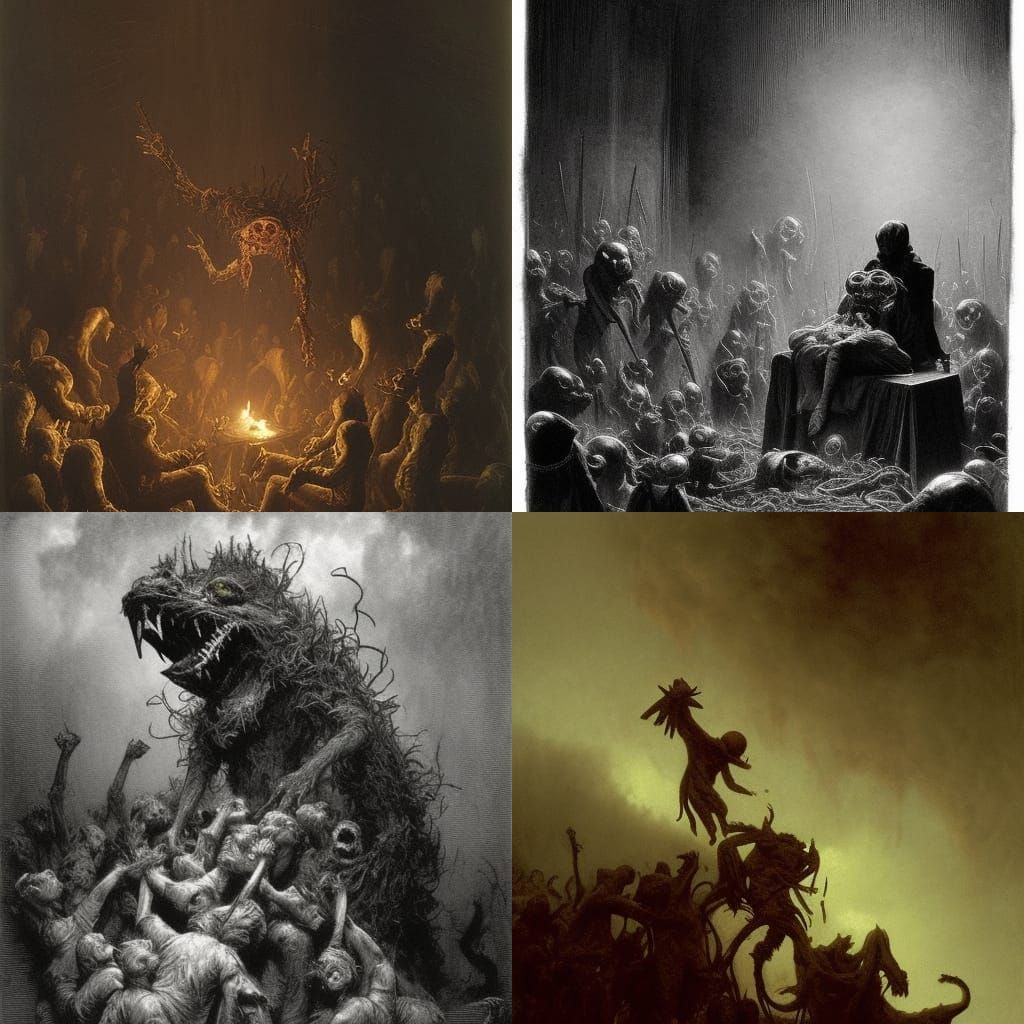 Grotesque Marionettes Devour Rodents in Dark, Gothic Realism