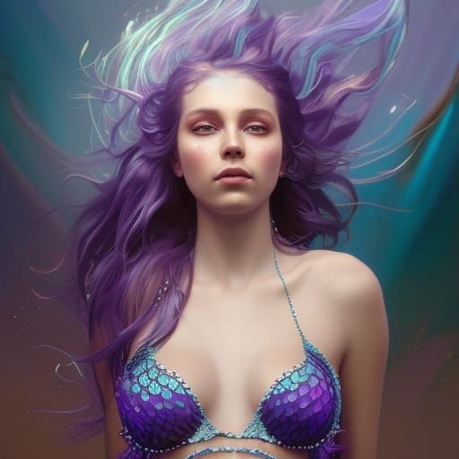 Mermaid Portrait with Silver Tail in Art Nouveau Style