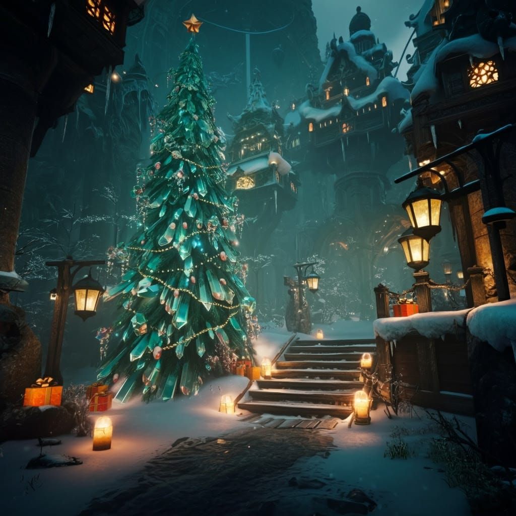 Whimsical Winter Wonderland Scene in Vibrant, Medieval-Inspi...