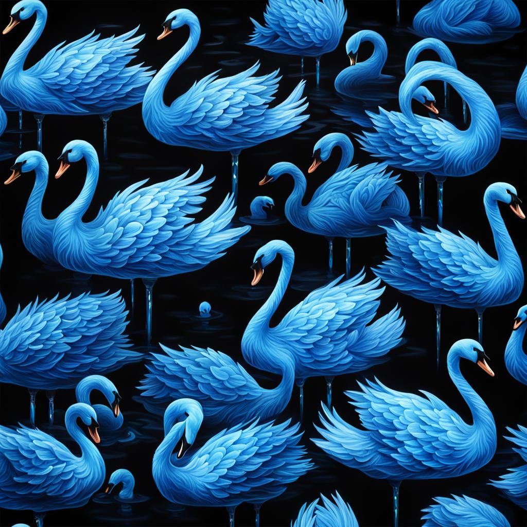 Glittering Black Lake Abounds with Neon Blue Crystal Swans i...