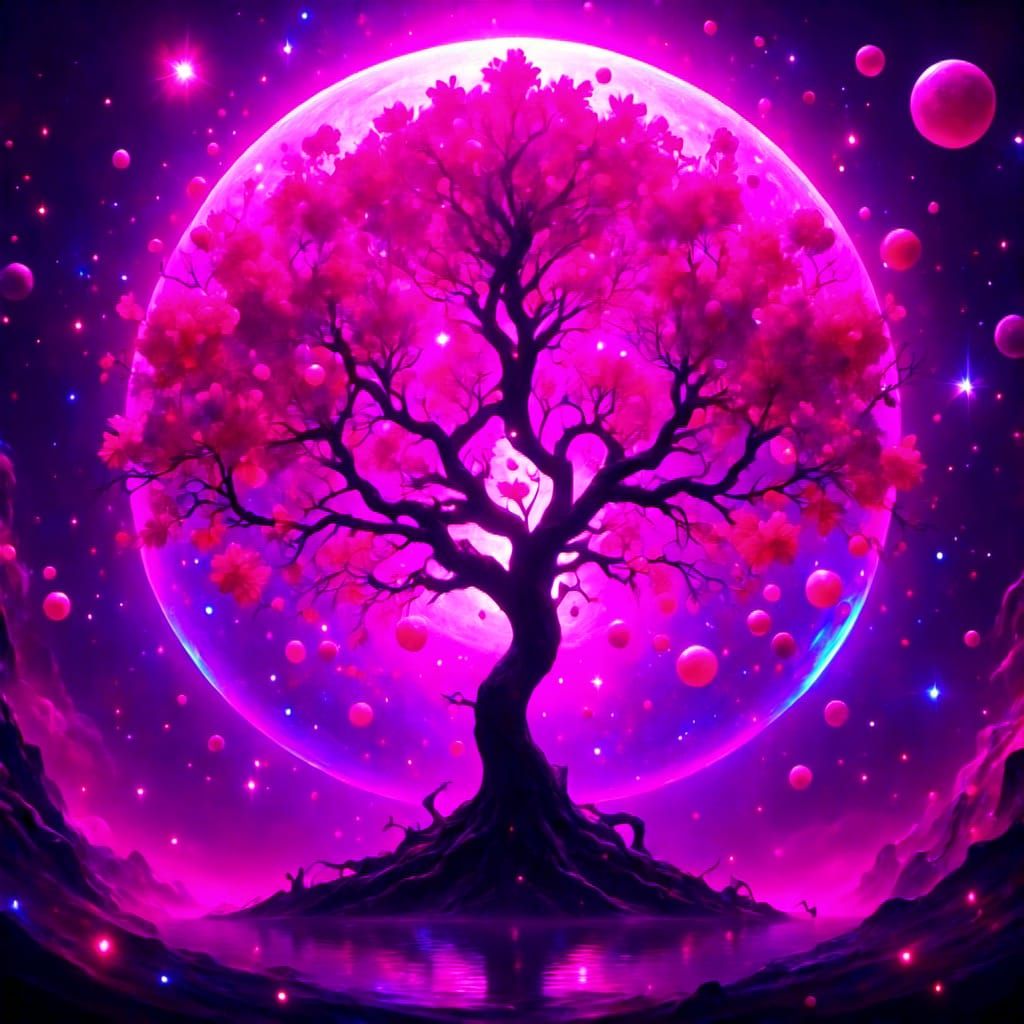 Cosmic Psychedelic Sakura Tree in Surreal Filigrance