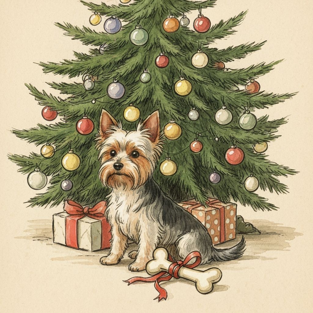 Yorkshire Terrier by Christmas Tree in Watercolor Style