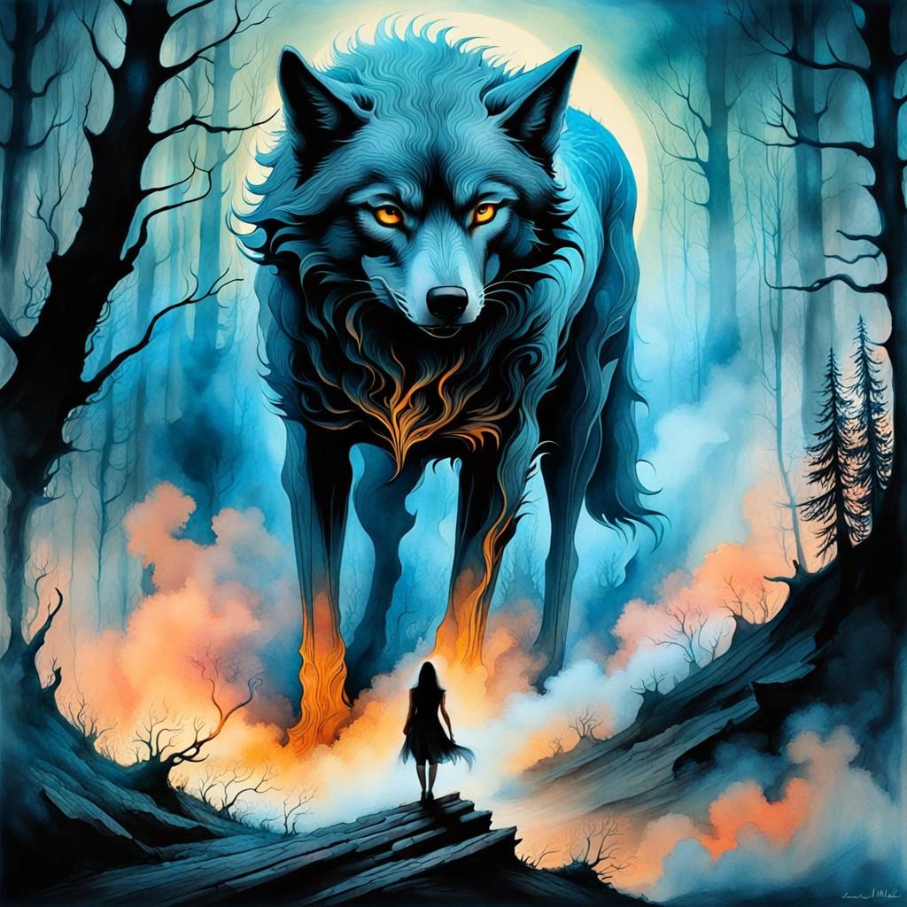 Surreal Watercolor Wolf of Mystic Mist