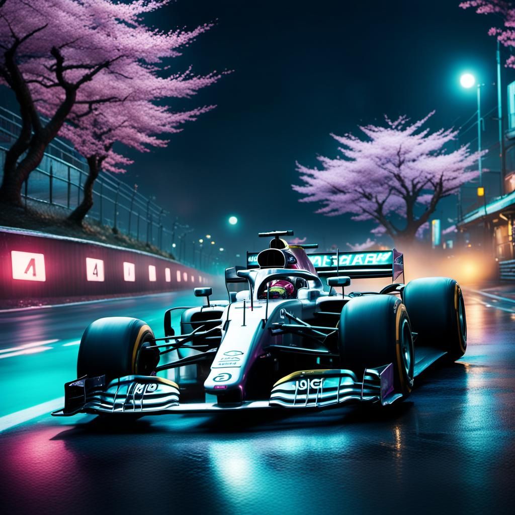 Mercedes F1 Car Speeds Through Tokyo Nightscape