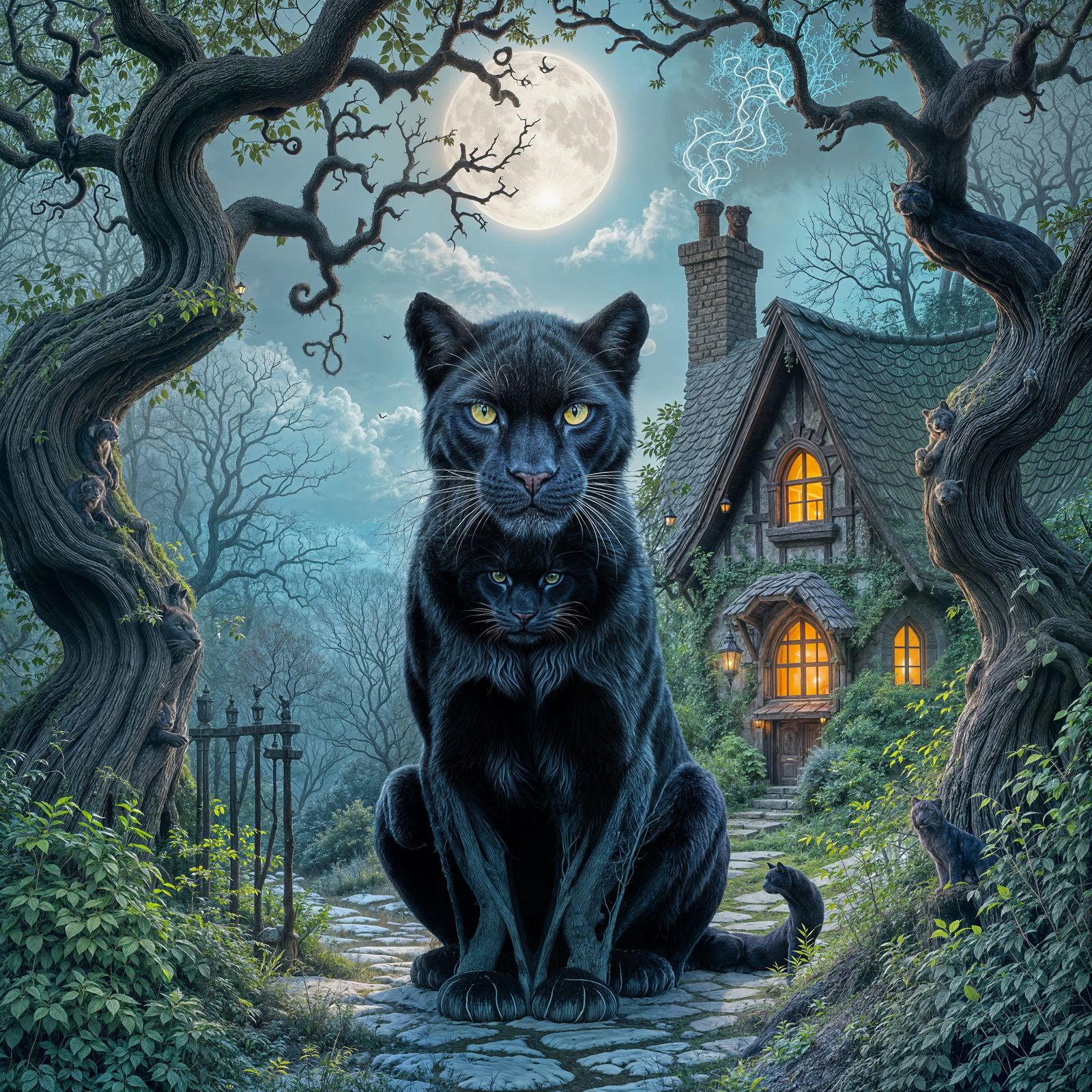 Enchanted Forest Guardian: Black Panther at Cottage Entrance