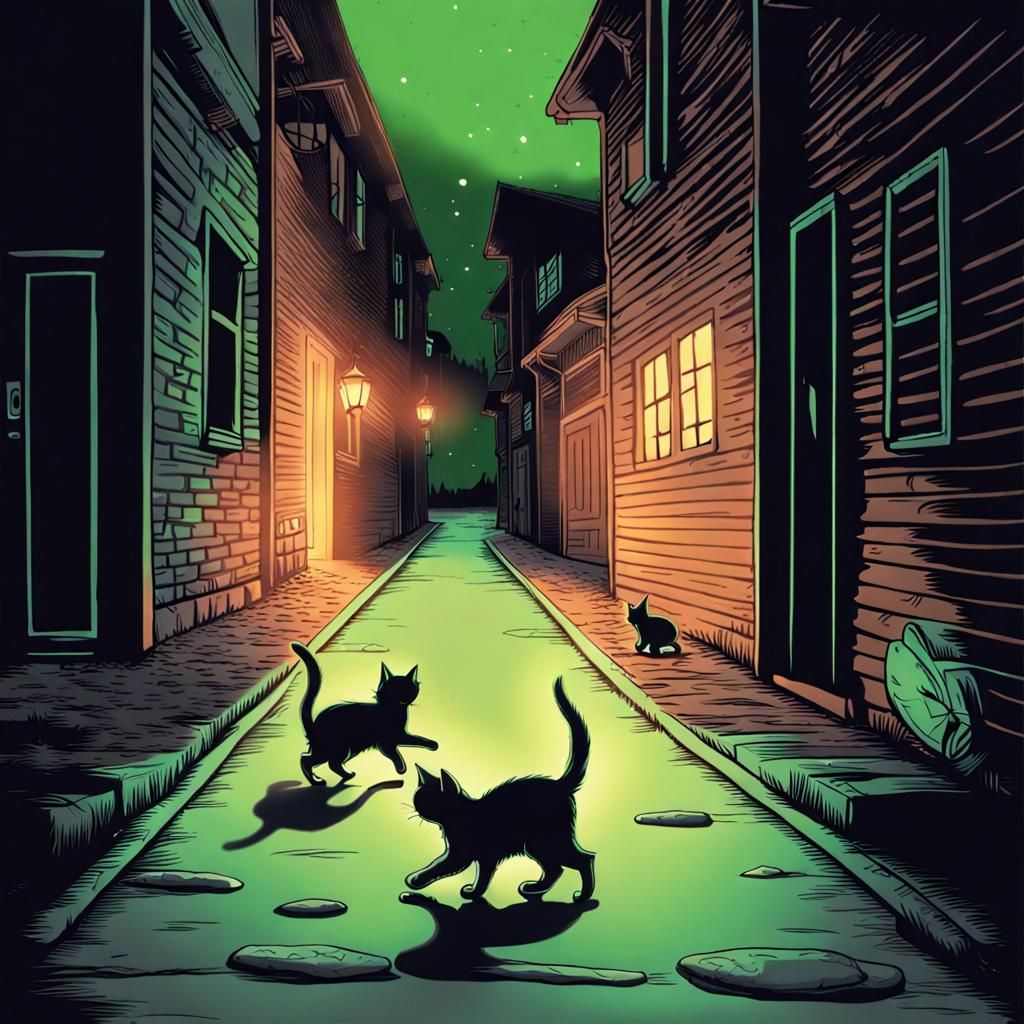 Glowing Kittens Chase Each Other in a Nighttime Alleyway