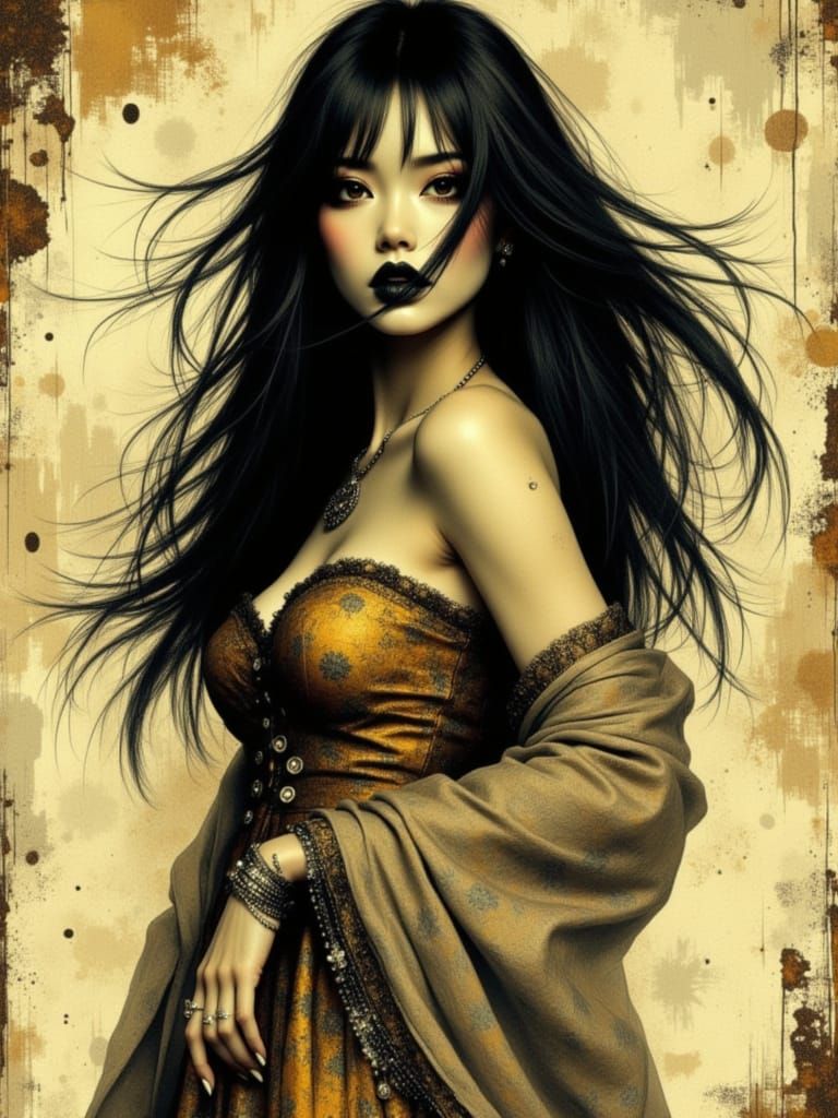 Gothic Grunge Pin-Up Woman in Bohemian Gold Dress