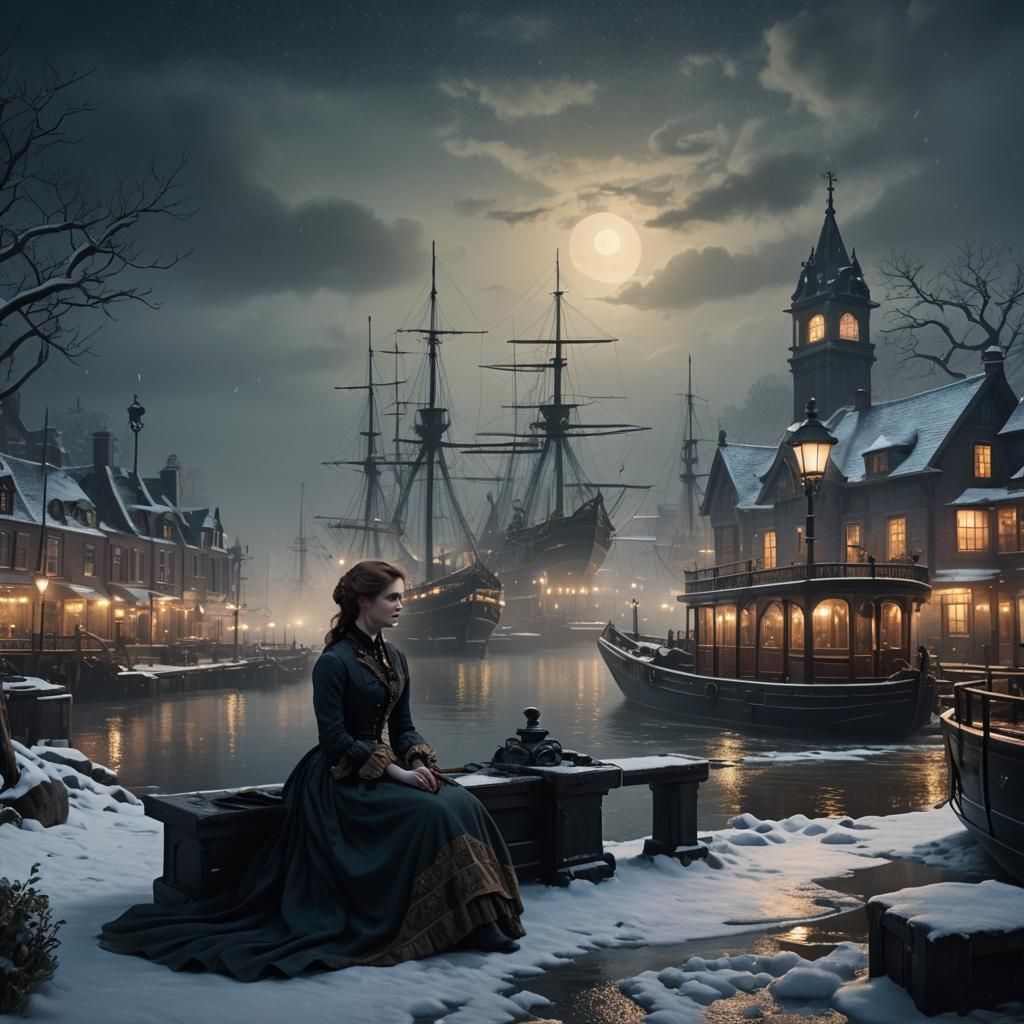 Ethereal Nighttime Harbour Scene in Victorian Era Fantasy St...