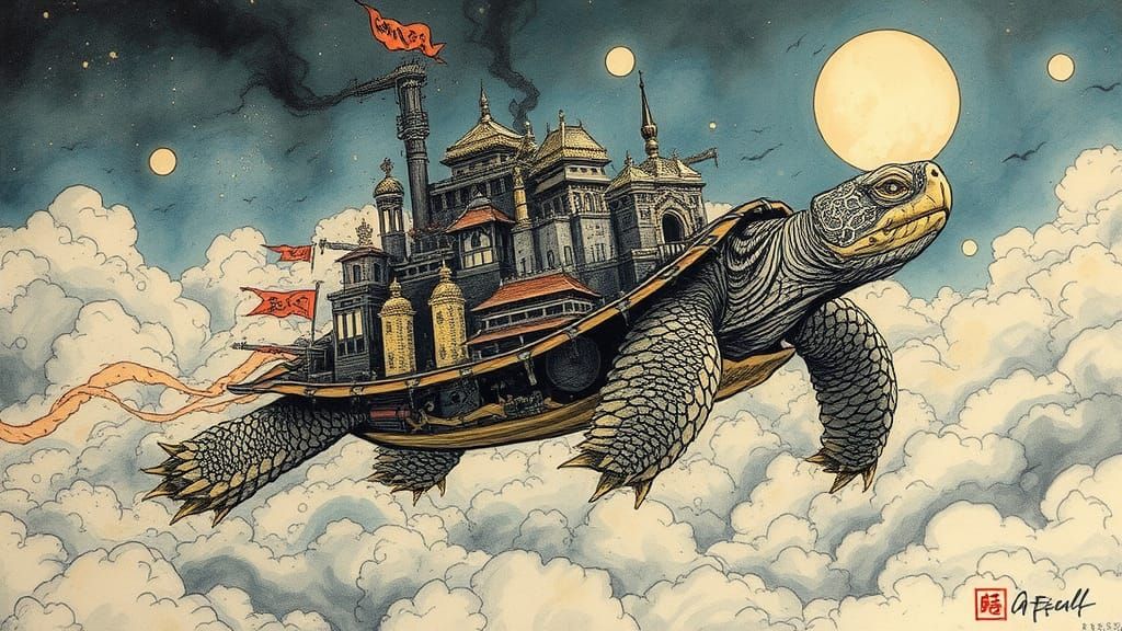 Steampunk Chinese Cityscape on a Flying Turtle