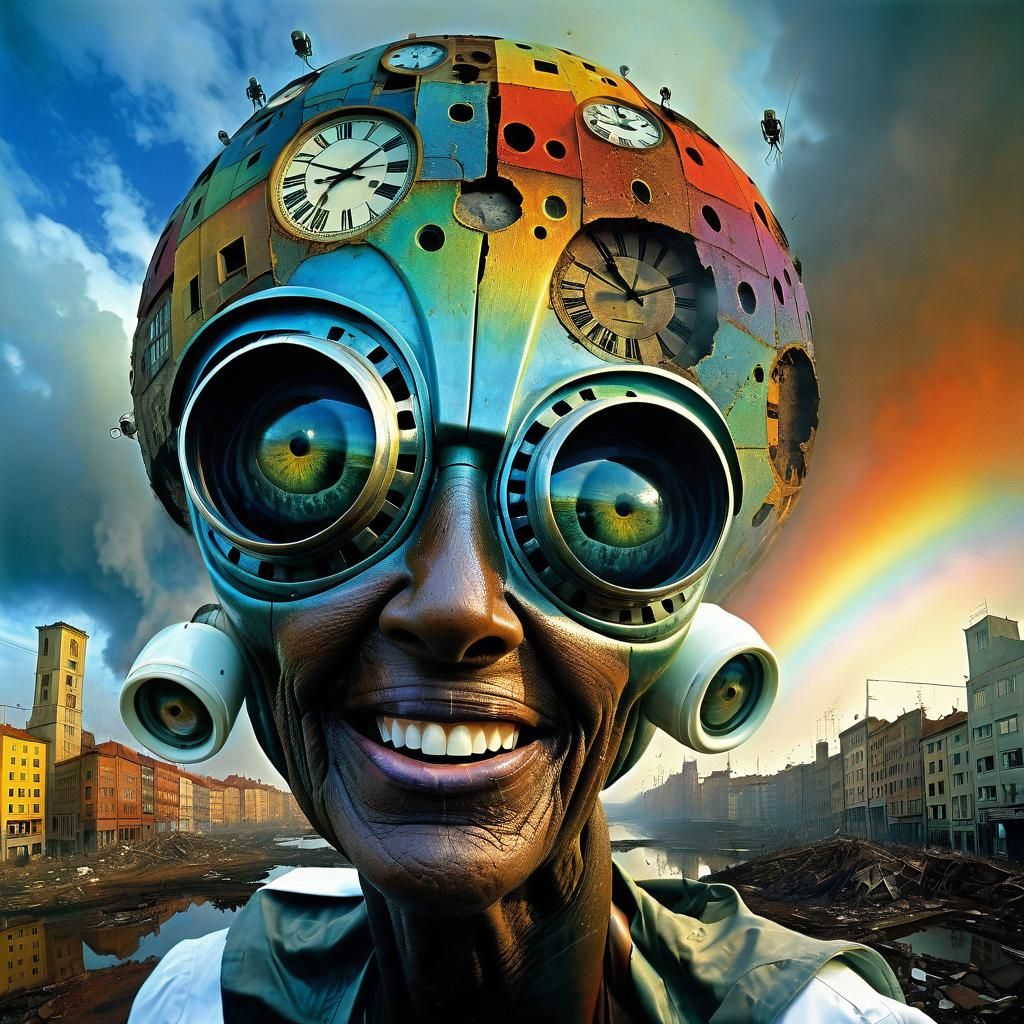 Cyberpunk Robot Woman Laughs in Post-Apocalyptic Cityscape