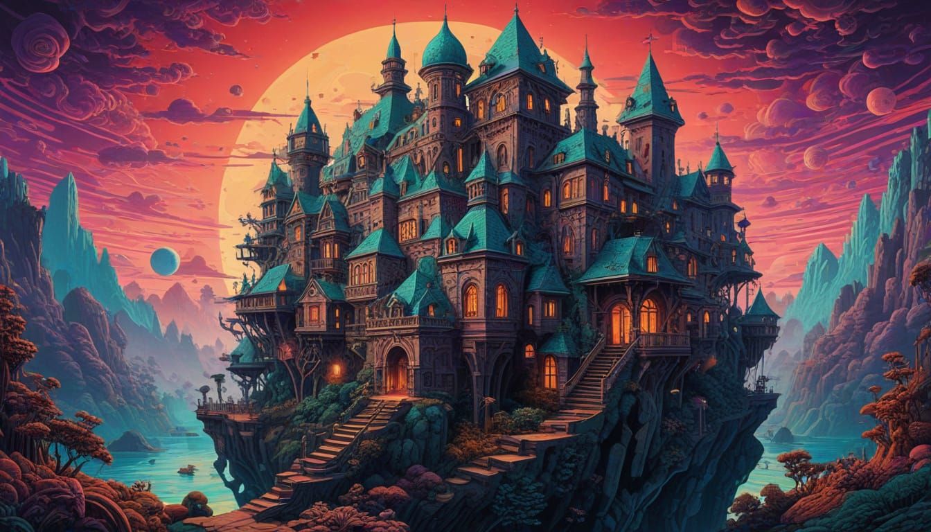 Infinite Cosmic Mandalas in a Dreamlike Future Landscape