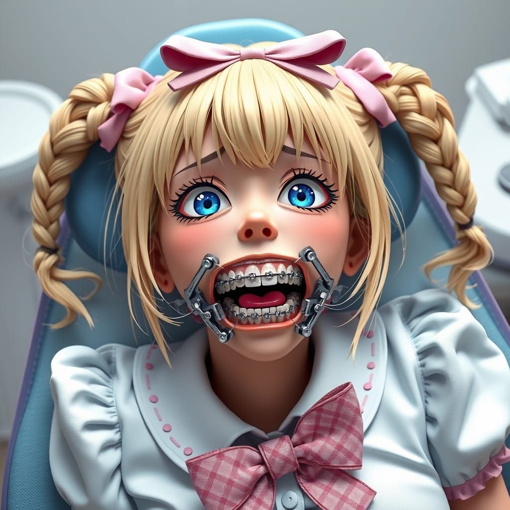 Anime-Inspired Woman in Dentist's Chair with Intricate Brace...