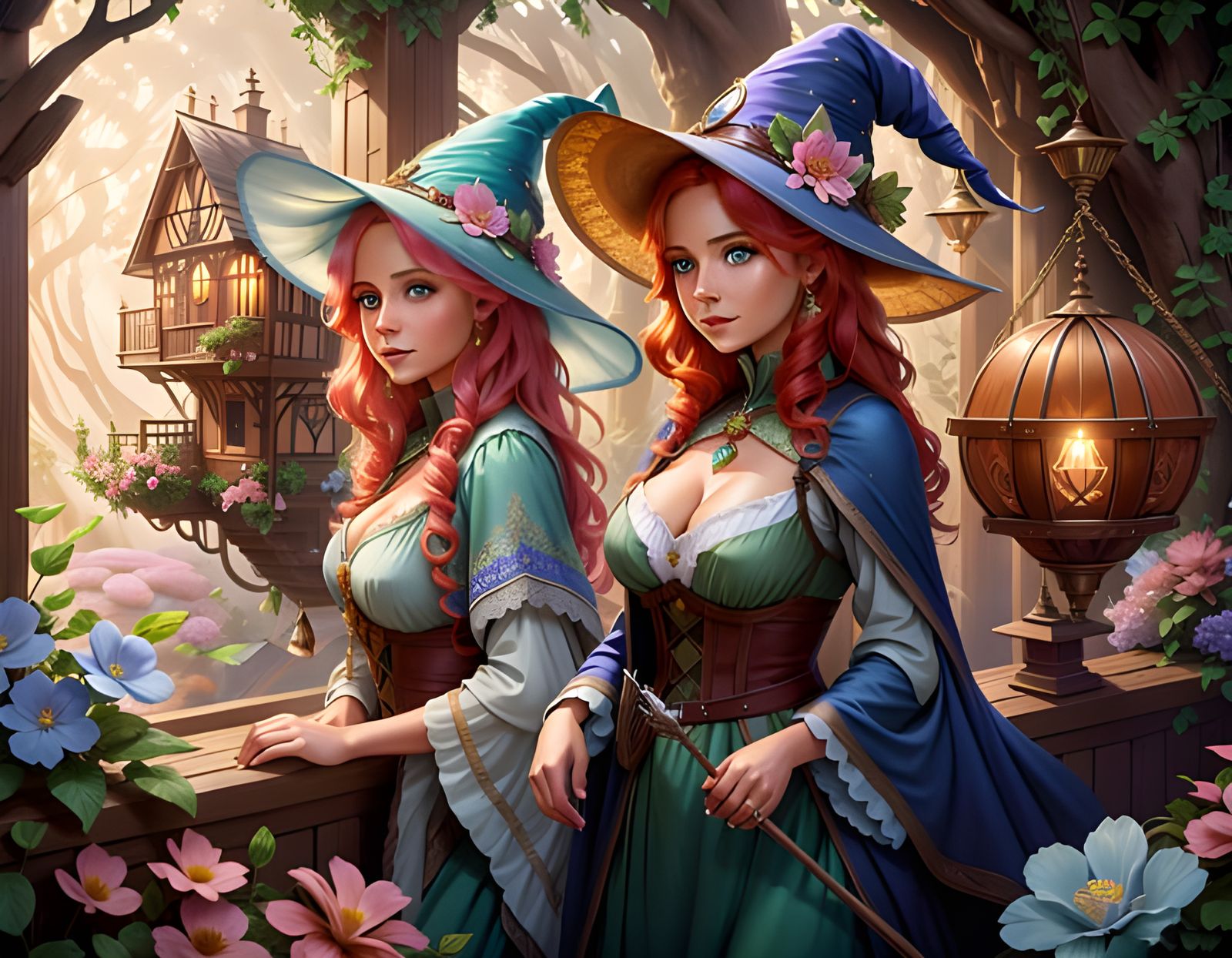 Magical Twin Sisters in Whimsical Fantasy Setting