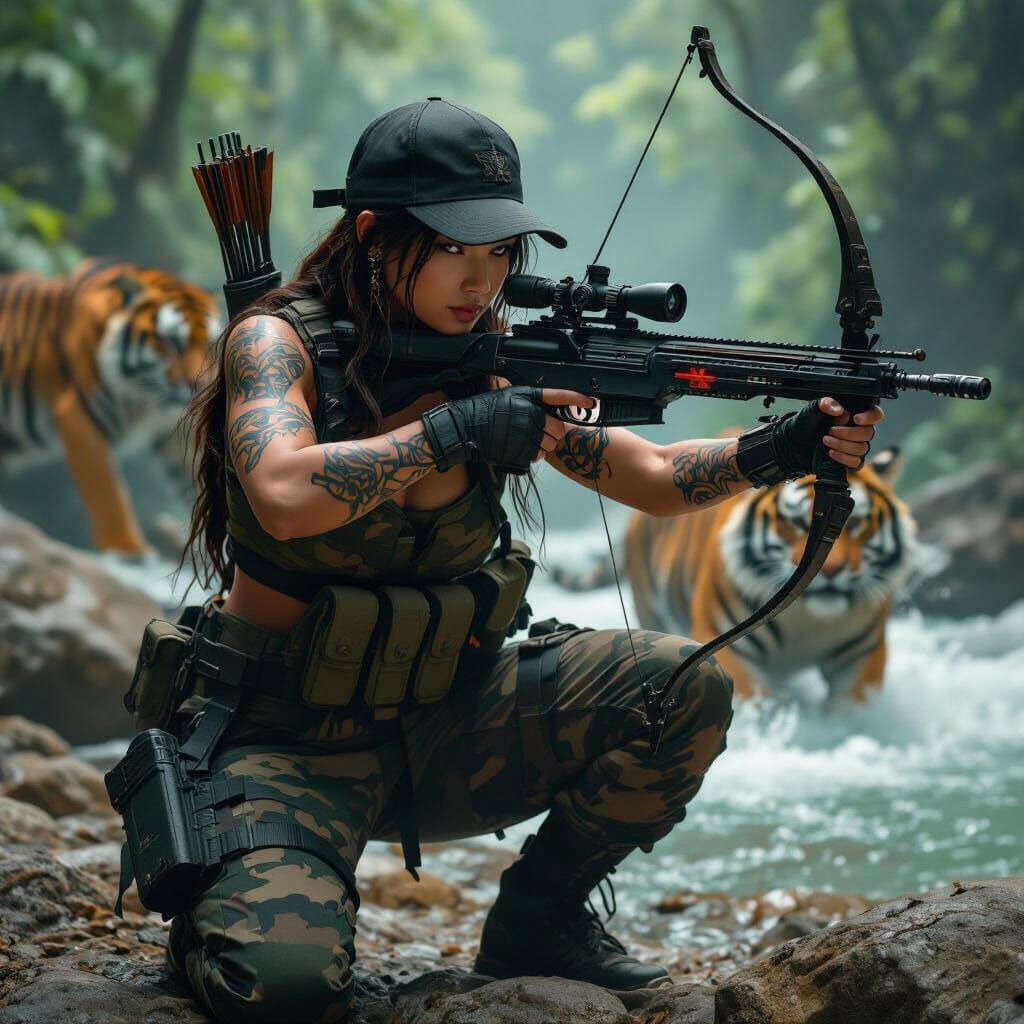 Indonesian Warrior with Tiger Companion, Hyperrealistic