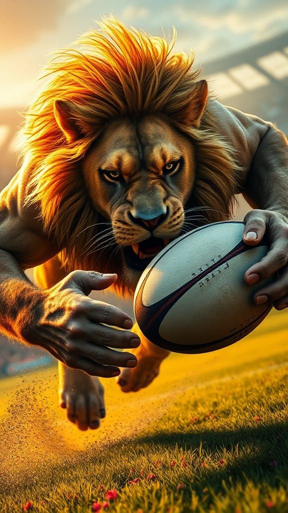Muscular Lion Sprints with Rugby Ball on Colorful Field