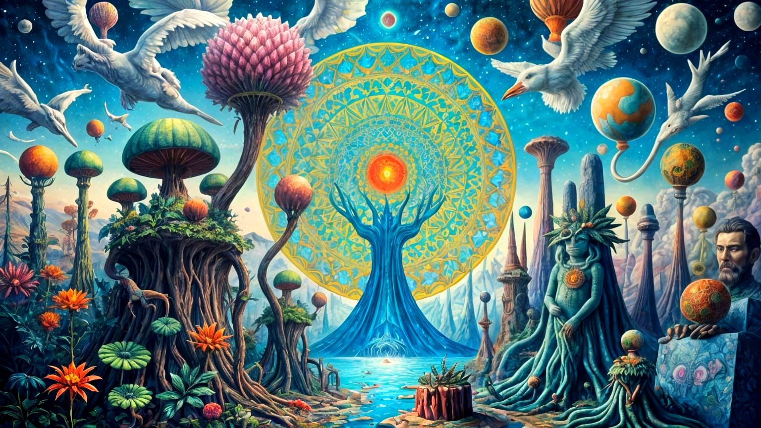 Psychedelic Plant Mandalas with Bizarre Creatures