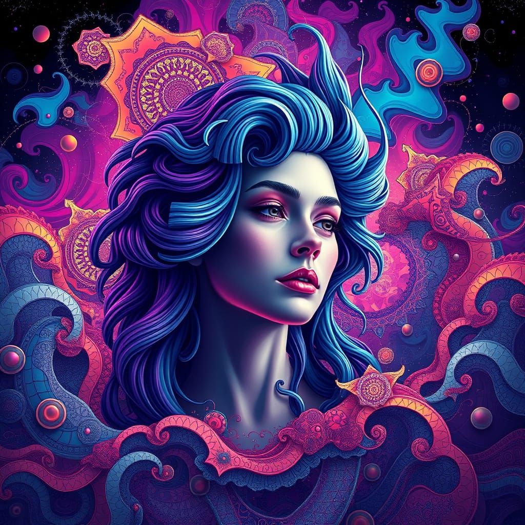 Abstract Fractals Surround Woman in Modern Artwork